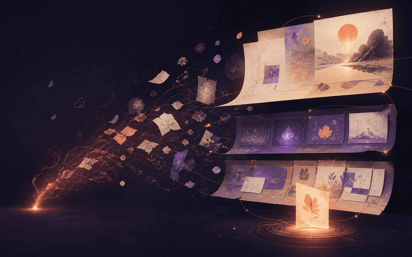 World fragments gathering into a living archive.