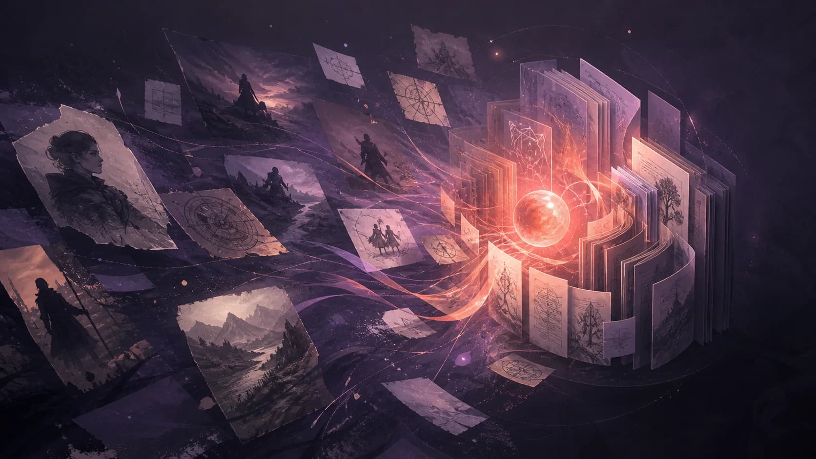 Scattered world fragments becoming an organized memory archive.